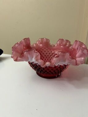 Vintage Fenton Glass Hobnail Crimped Ruffled Bowl Plum Opalescent
